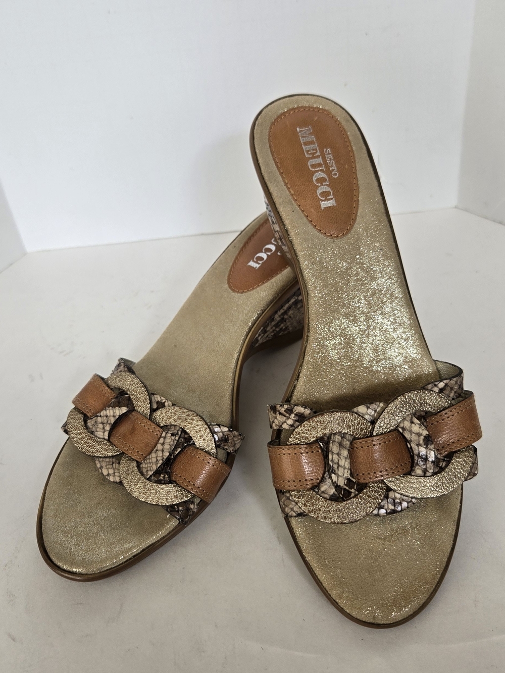 Sesto Meucci Gold and Tan Braided Slide Mules